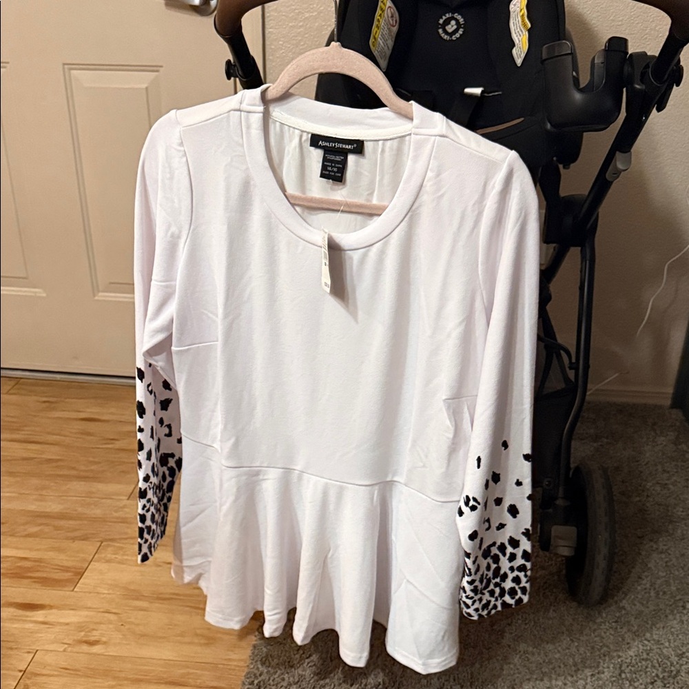 Ashley Stewart White Peplum Tunic with Leopard-Print Sleeve Detail